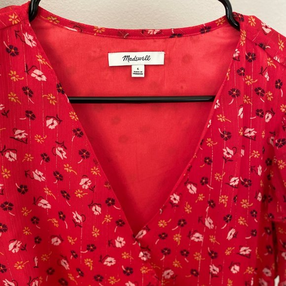 Madewell Red Floral Print Blouse / Tiered-Sleeve Peplum Top - Picture 5 of 7